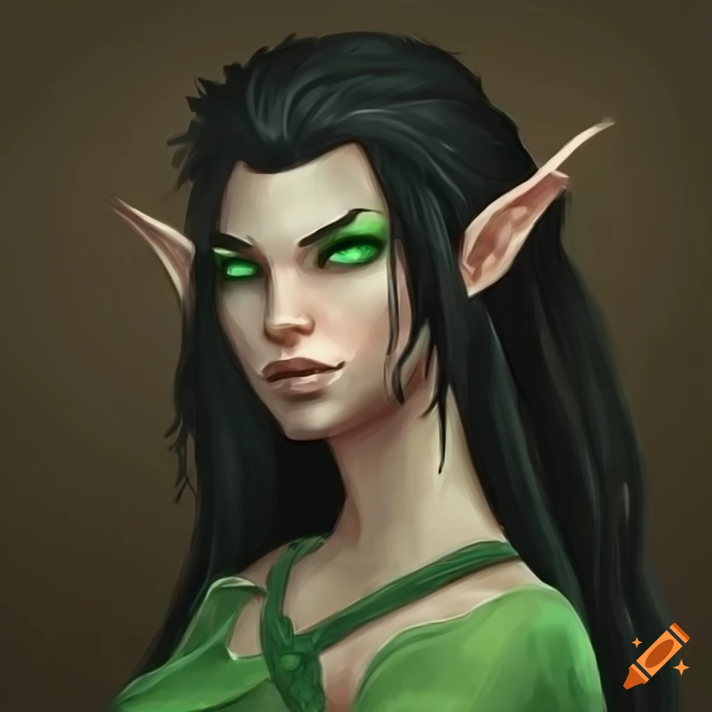 Female elf druid with green eyes and black hair in city setting on Craiyon