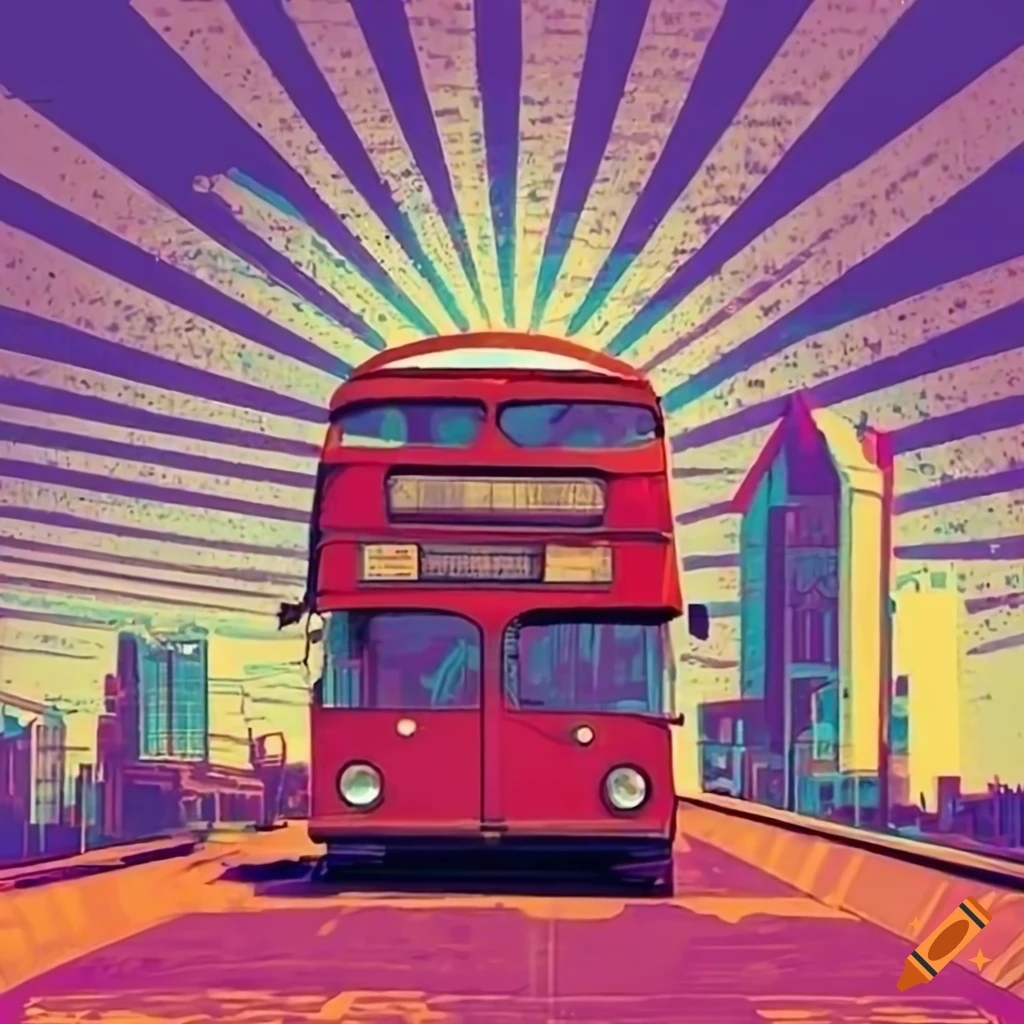 Red double decker bus in downtown raleigh with skyline in retro pop art