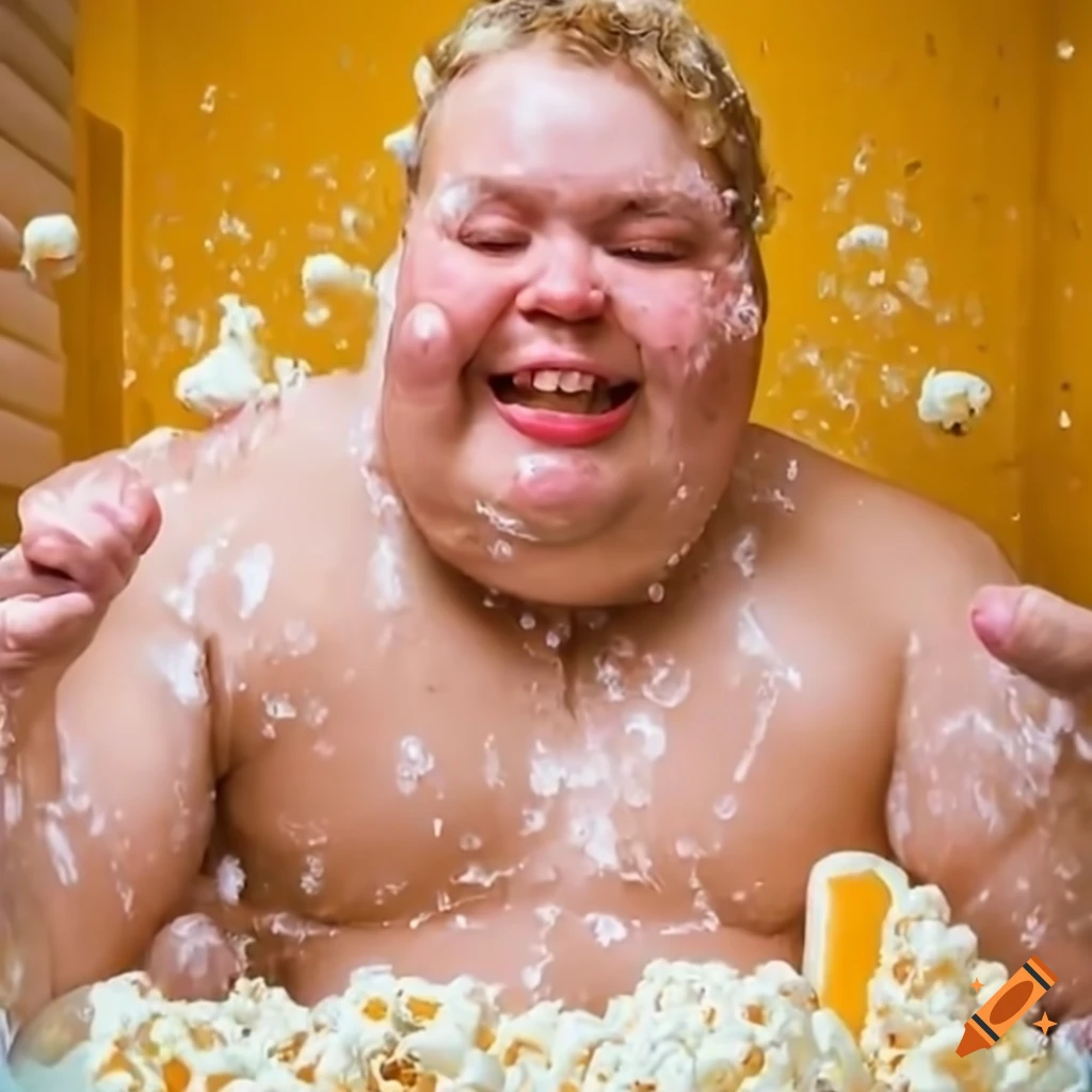 Overjoyed man bathing in popcorn