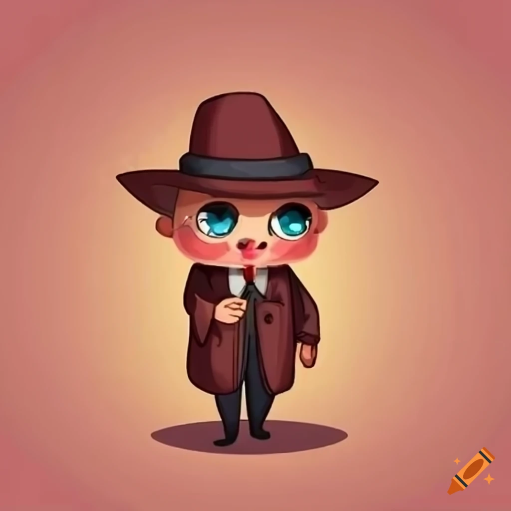 Cute spy character in trench coat and fedora