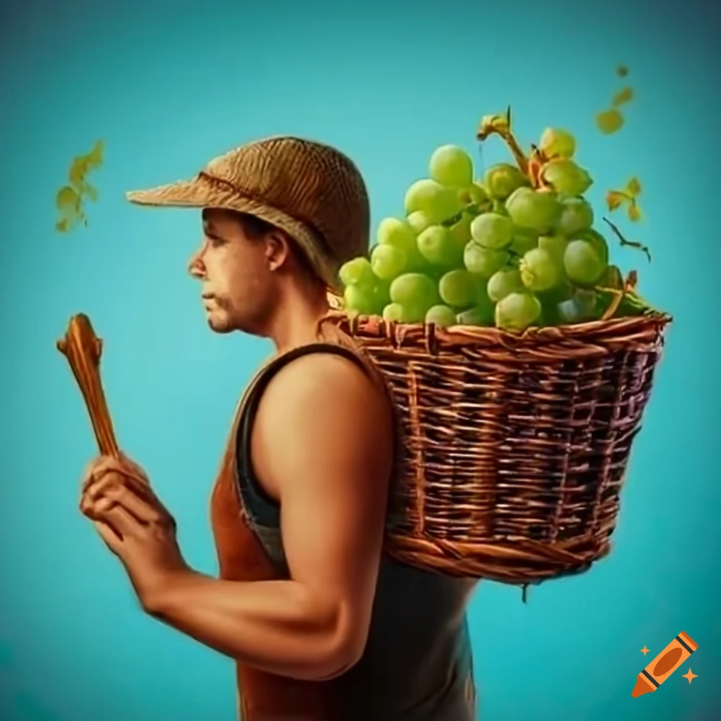 Man collecting grapes in a vineyard with a basket on his back on Craiyon