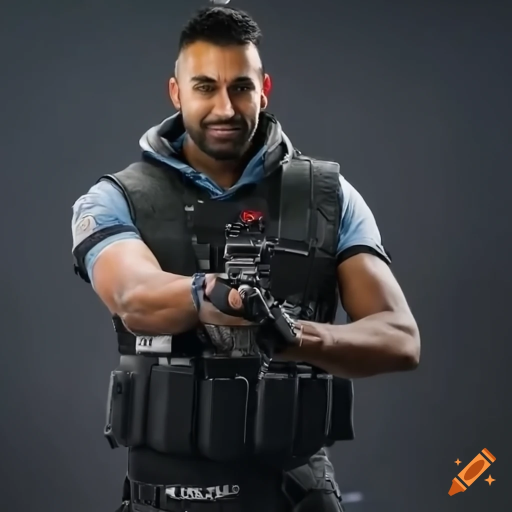 Dhar mann cosplaying as doc from rainbow six siege with gear and stim