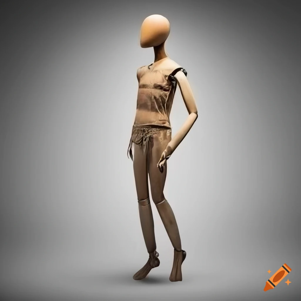 Worn and weathered mannequin in a plain pose, side view