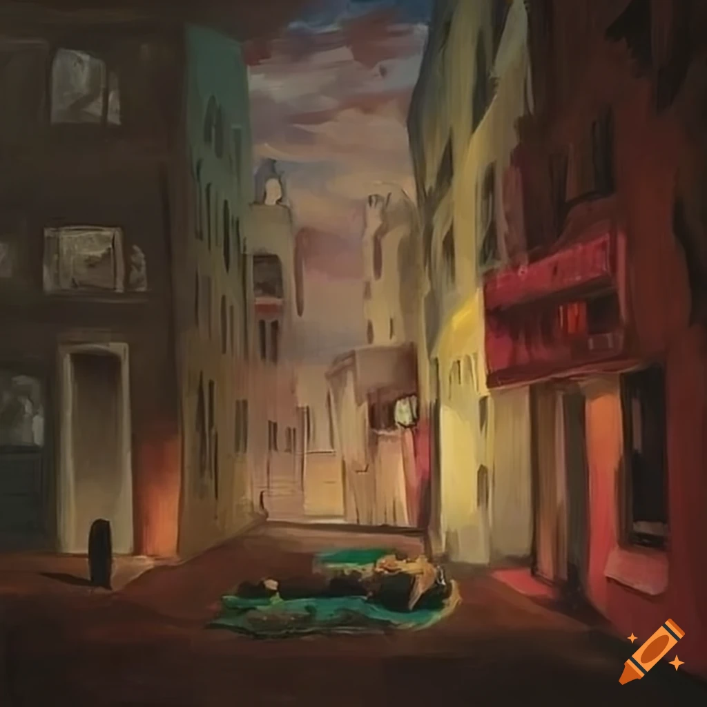 Surrealist painting of an anxious figure in a busy urban setting