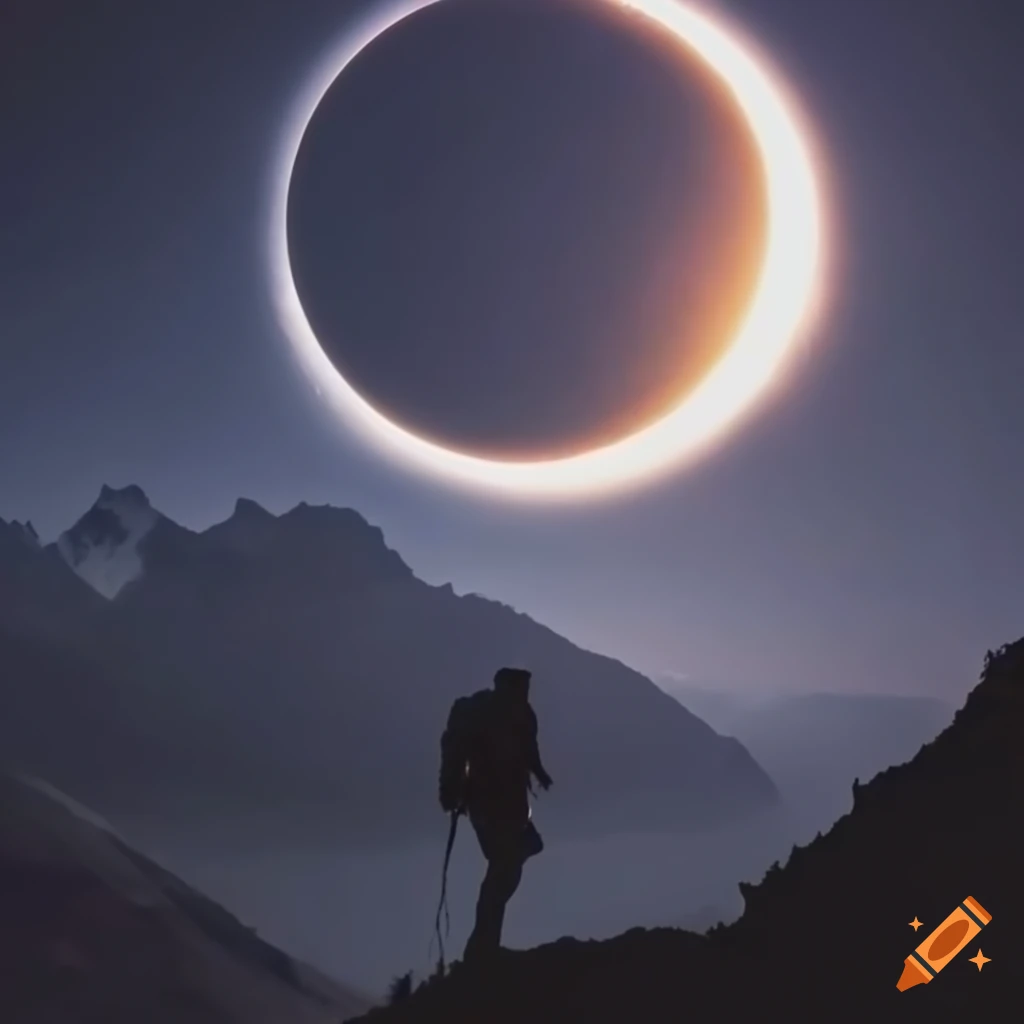 Trekking through mountains during a solar eclipse on Craiyon
