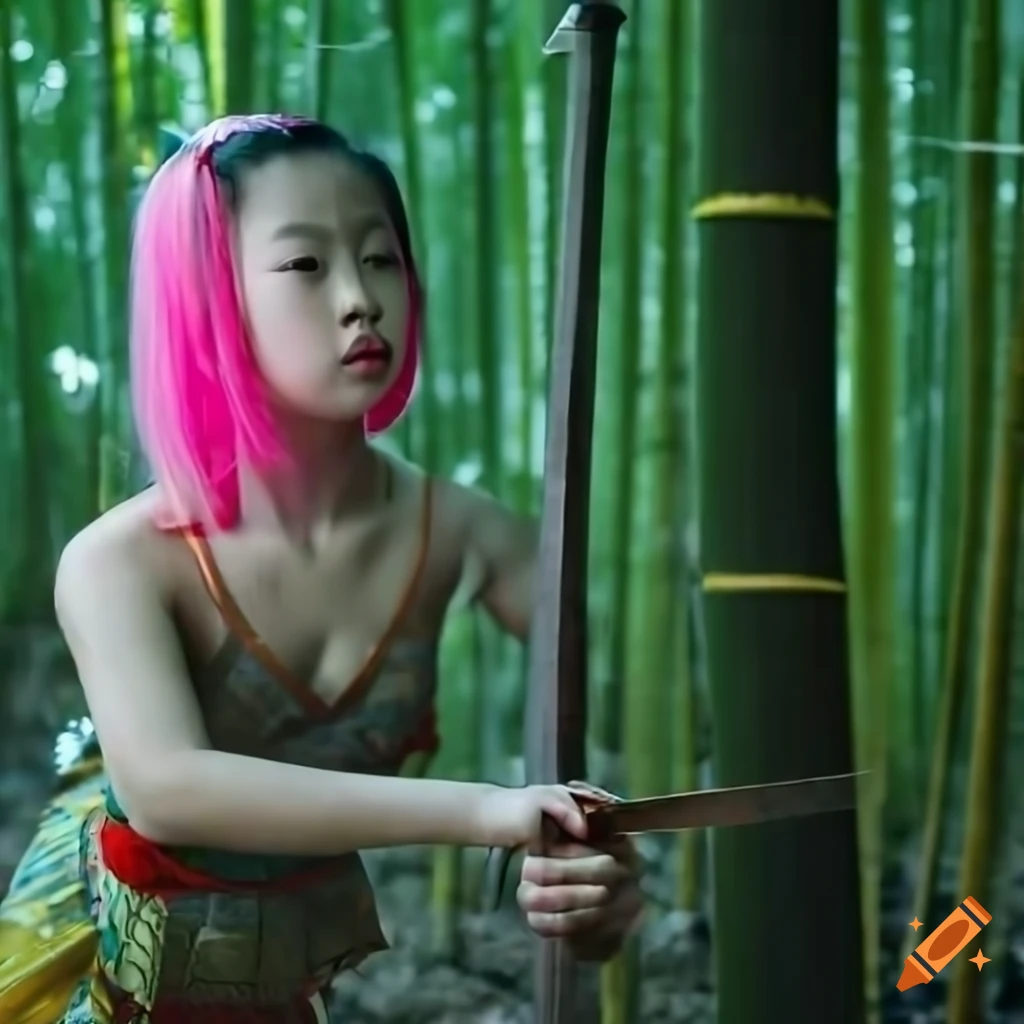 Young warrior with pink wig and sword in bamboo forest