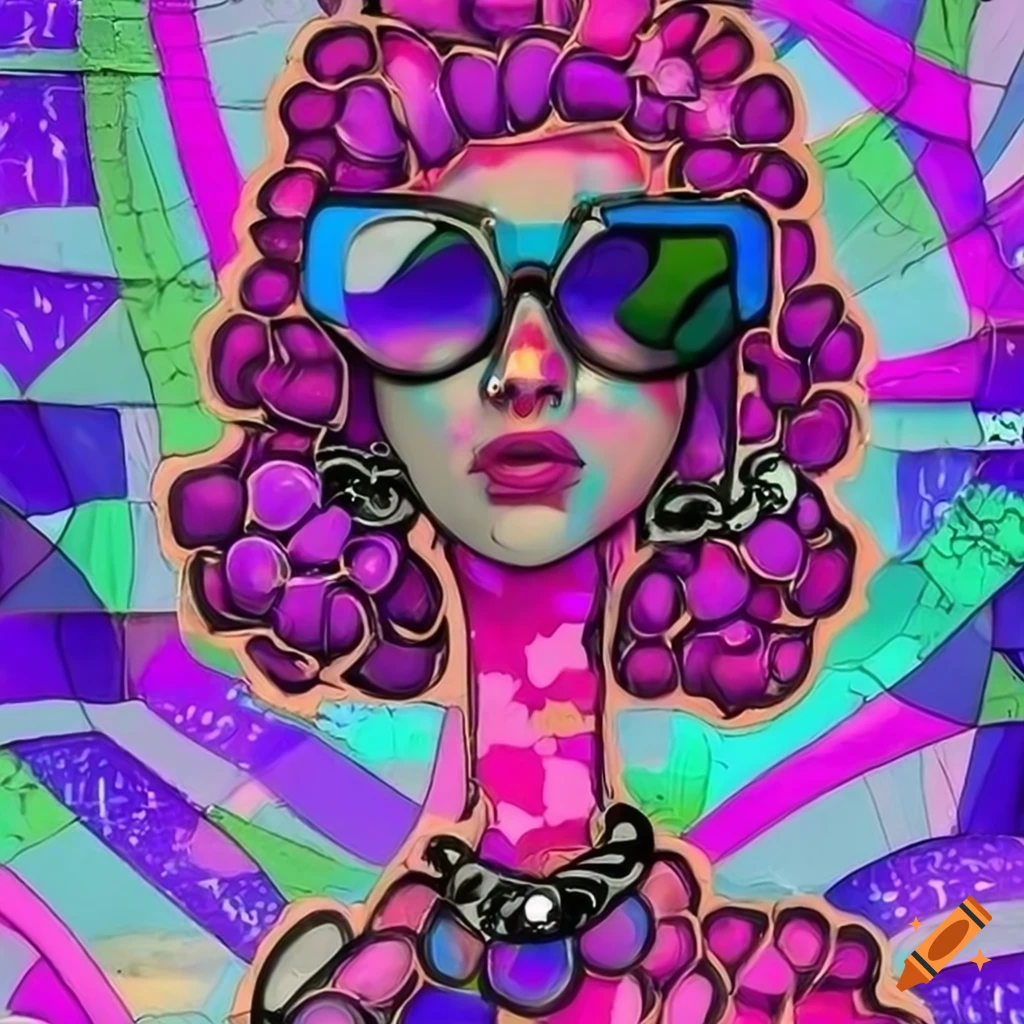 Colorful poodle with punk hair in graffiti stained glass style