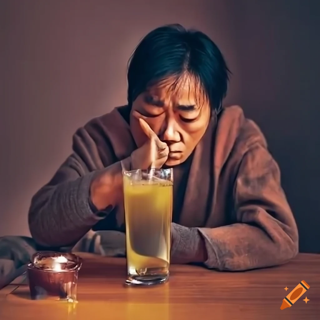 Sad Asian man at a cozy table with a cold beverage on Craiyon