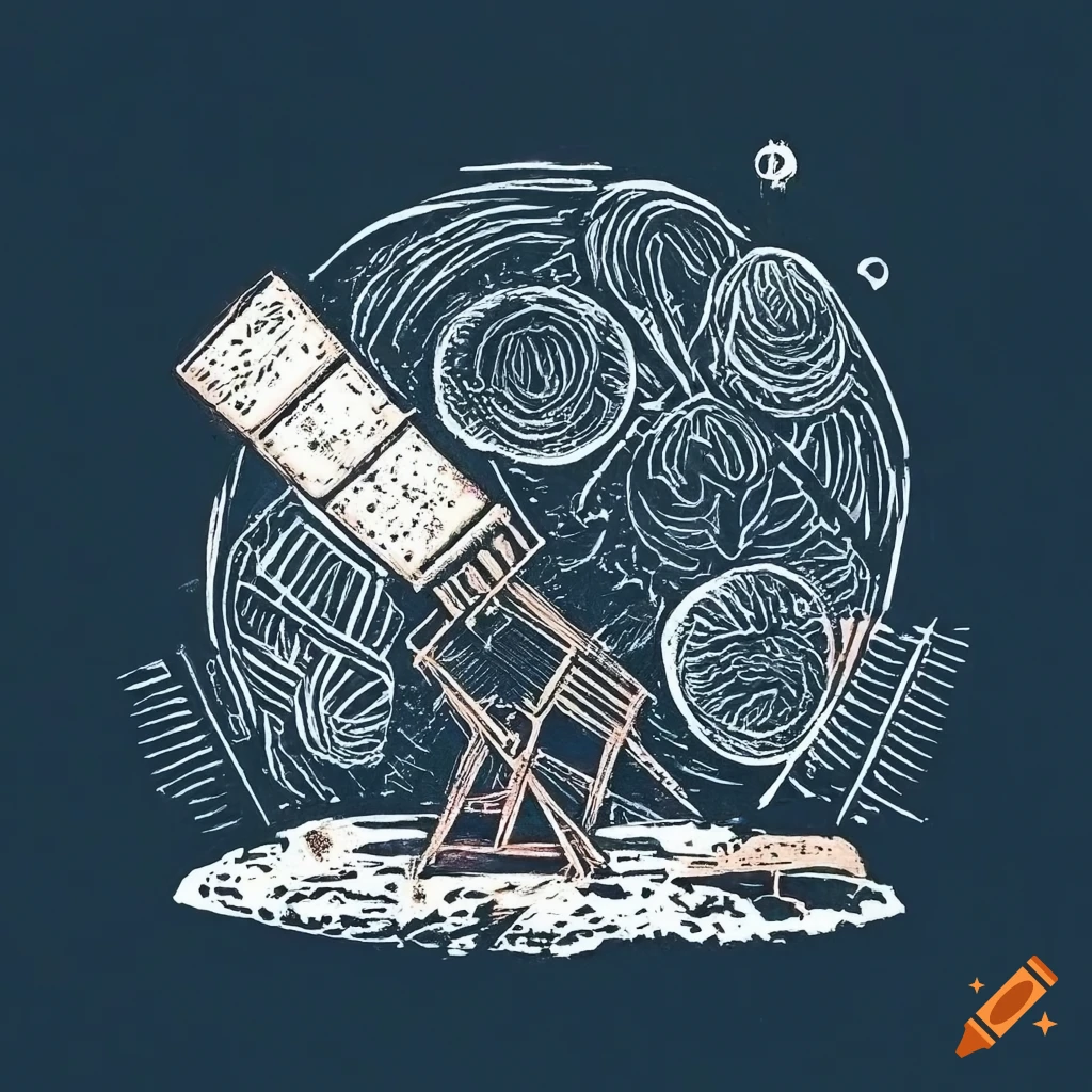 Linocut design of trashcan satellite space station with solar panels and debris