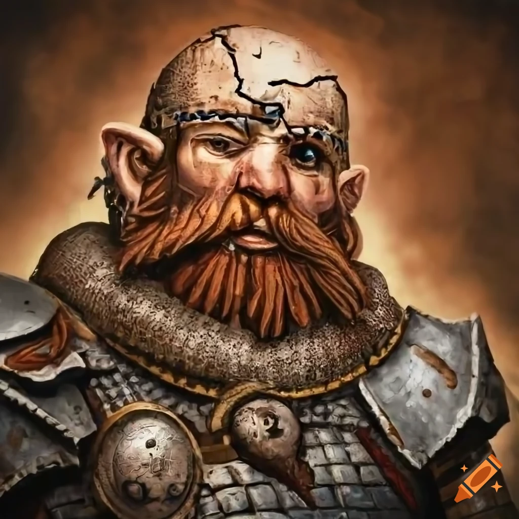 Intricately cracked mosaic of a dwarven general in battle armor with eyepatch and wooden leg