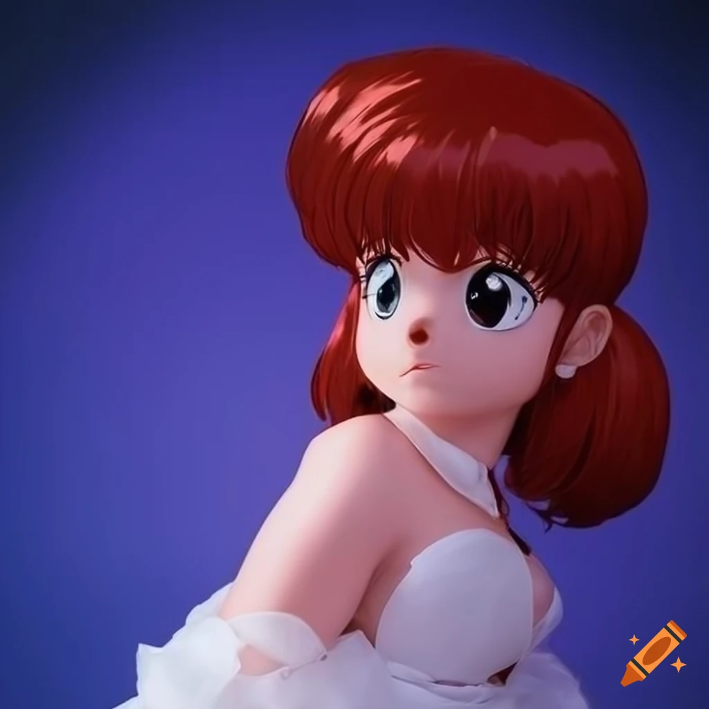 Ranma in vibrant white chiffon gown with ginger locks under studio lighting