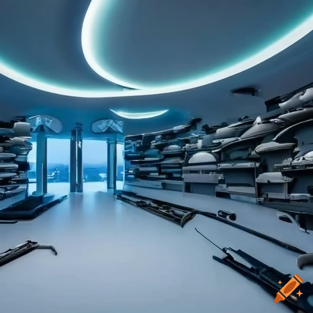 White futuristic room filled with armors, guns, and swords on Craiyon