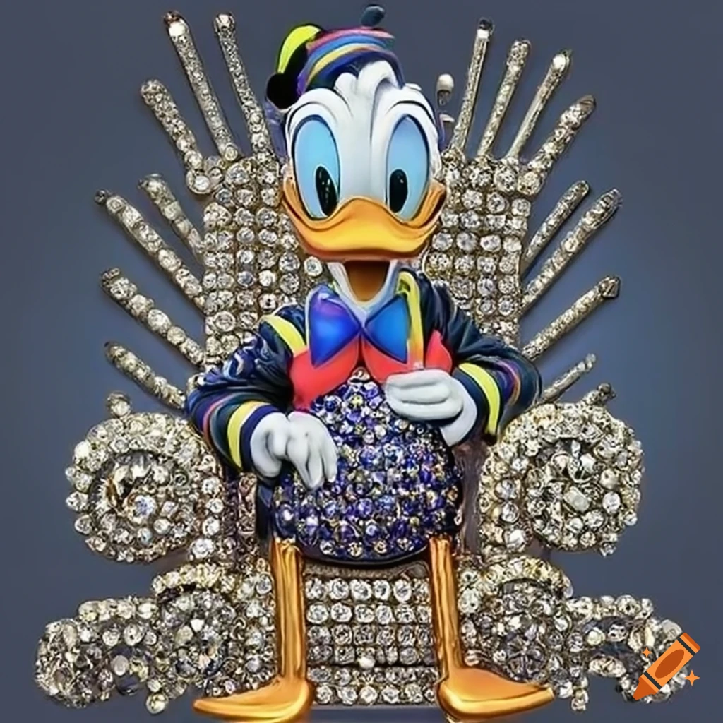 Donald Duck on a diamond throne with a blinged-out style