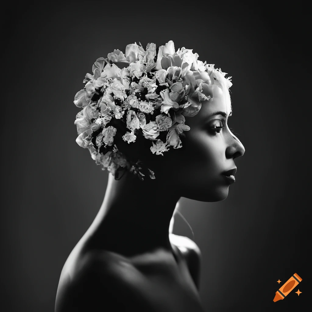 Black and white portrait of a person with flowers in their hair on Craiyon