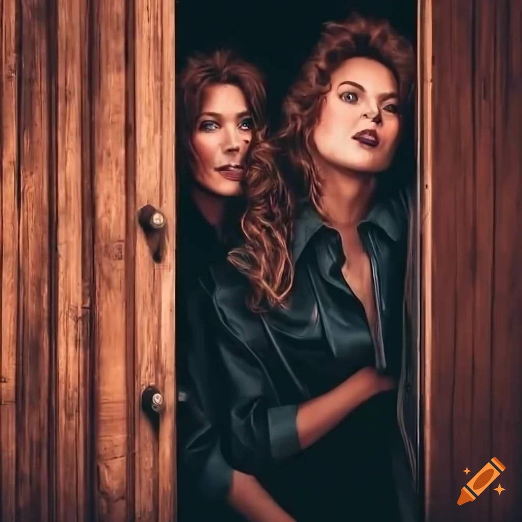 Irimia twins singers in country plaid shirts and leather trousers peeping through barn door