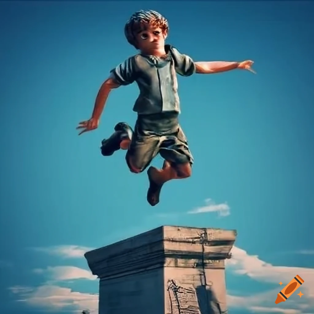Newsies cover page with a boy jumping in front of a statue