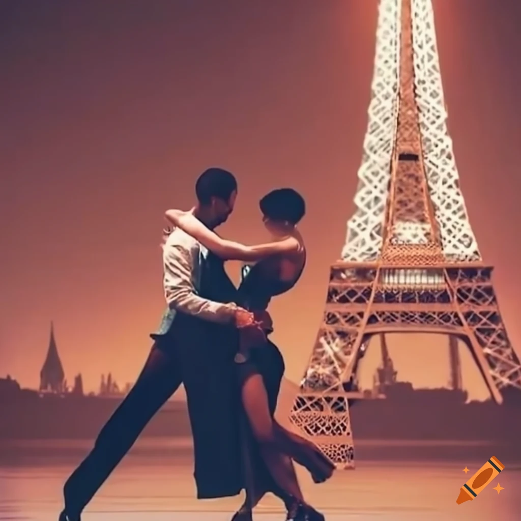 Sophisticated pair dancing avant-garde Tango with Eiffel Tower in backdrop