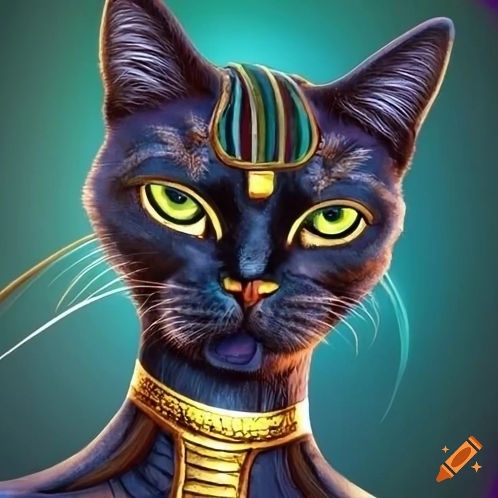 Egyptian god with a striped black cat face on Craiyon
