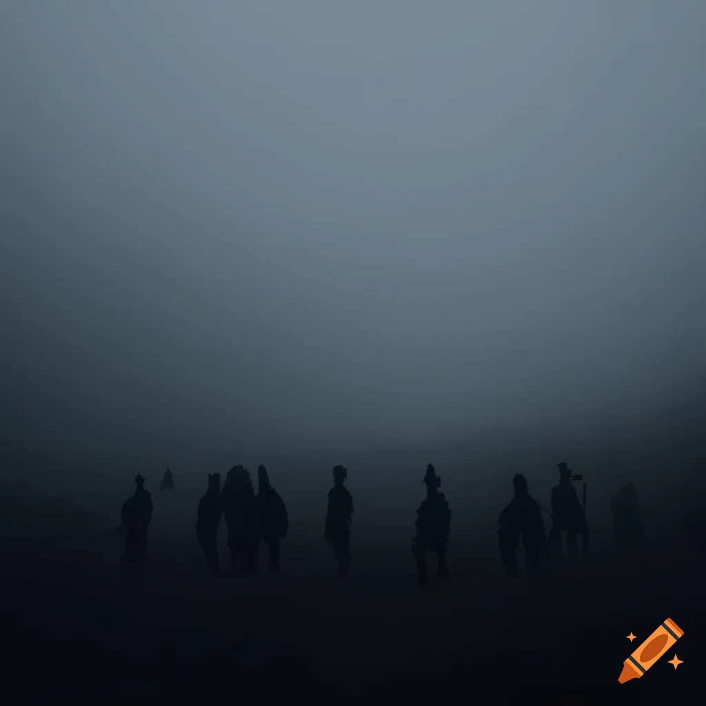 Men with crowns gathered at mountain foothills in foggy setting
