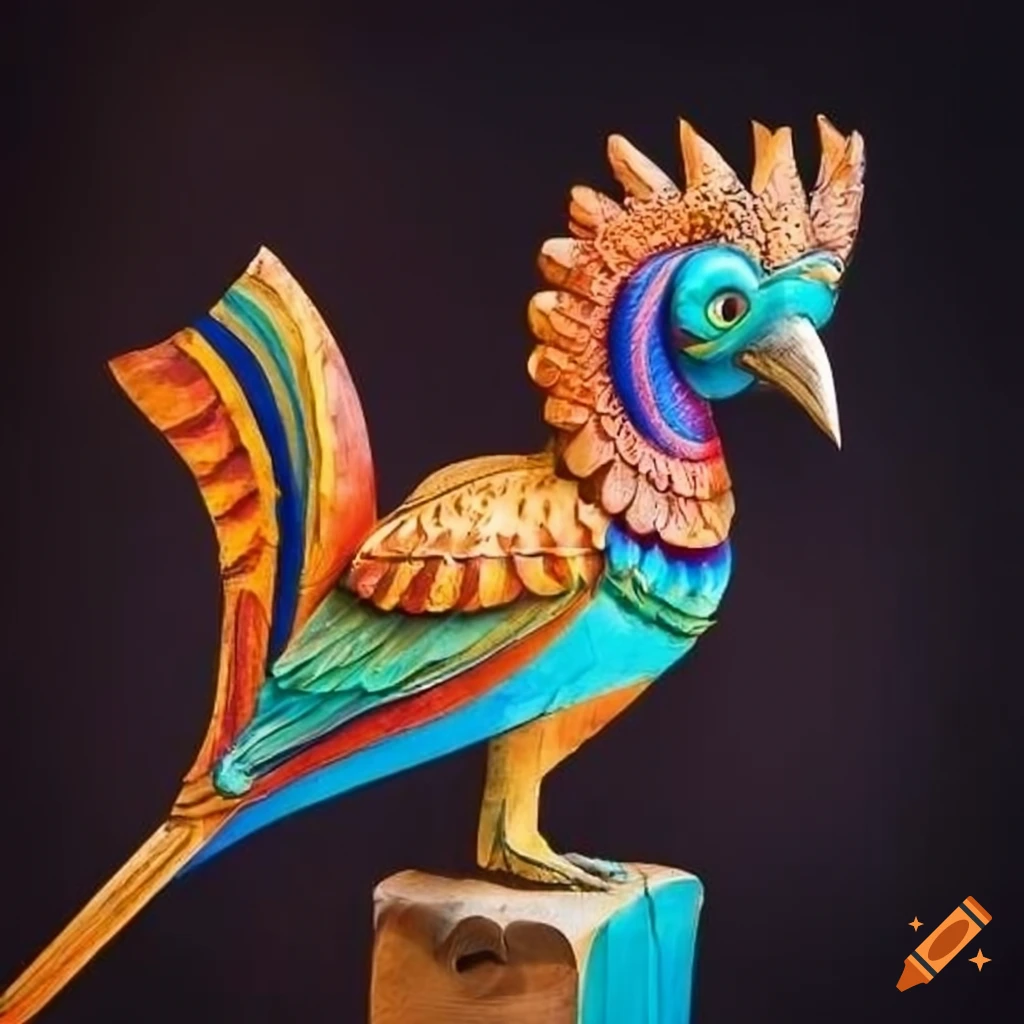 Intricately carved Sarimanok wood sculpture showcasing vibrant feathers