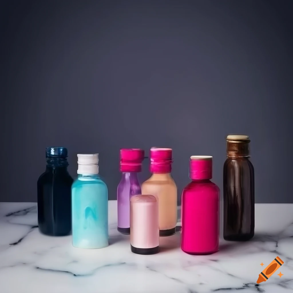 Bottles of hair dye arranged on a white marble desk