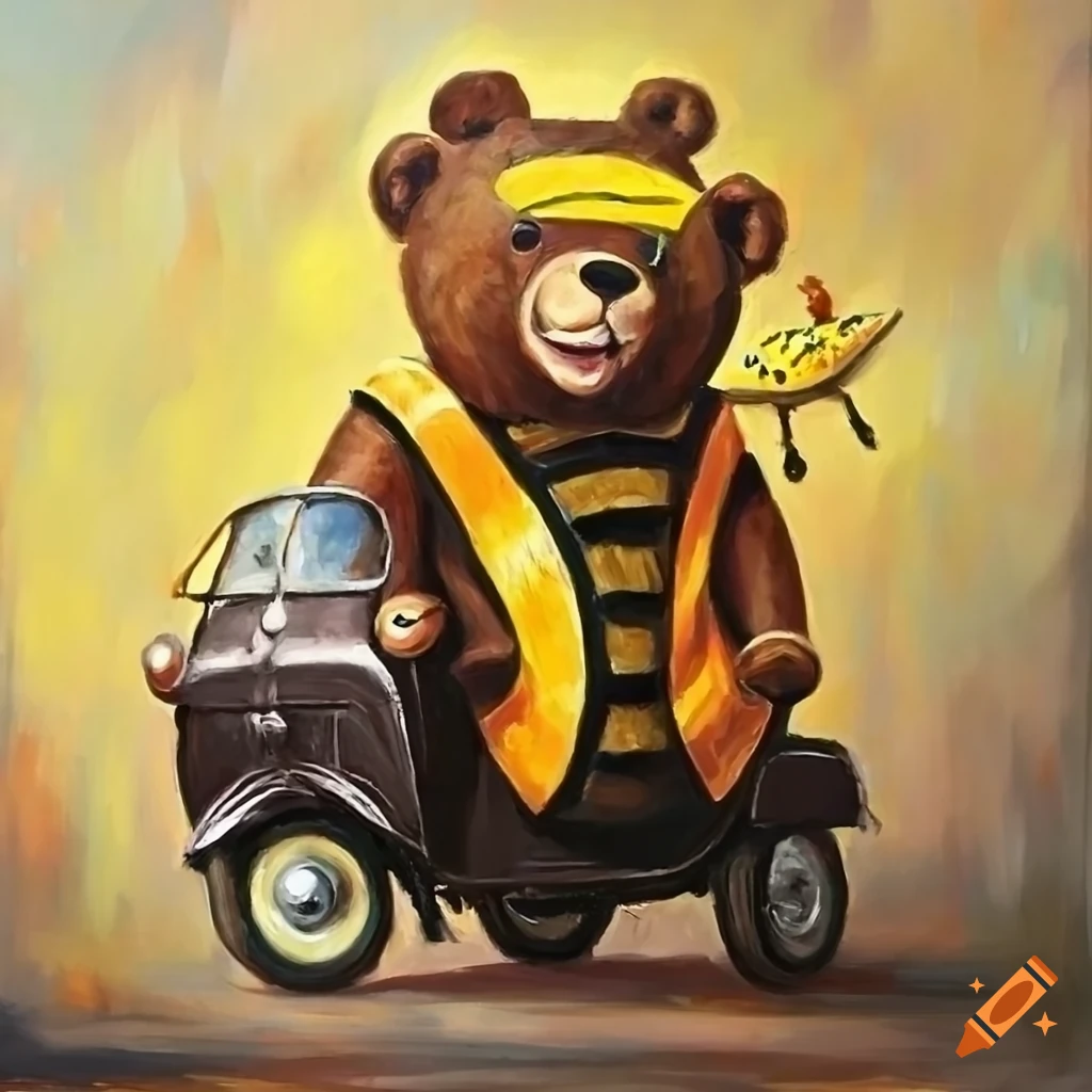 Happy bear in a bee costume driving a vintage Piaggio Ape in an oil painting