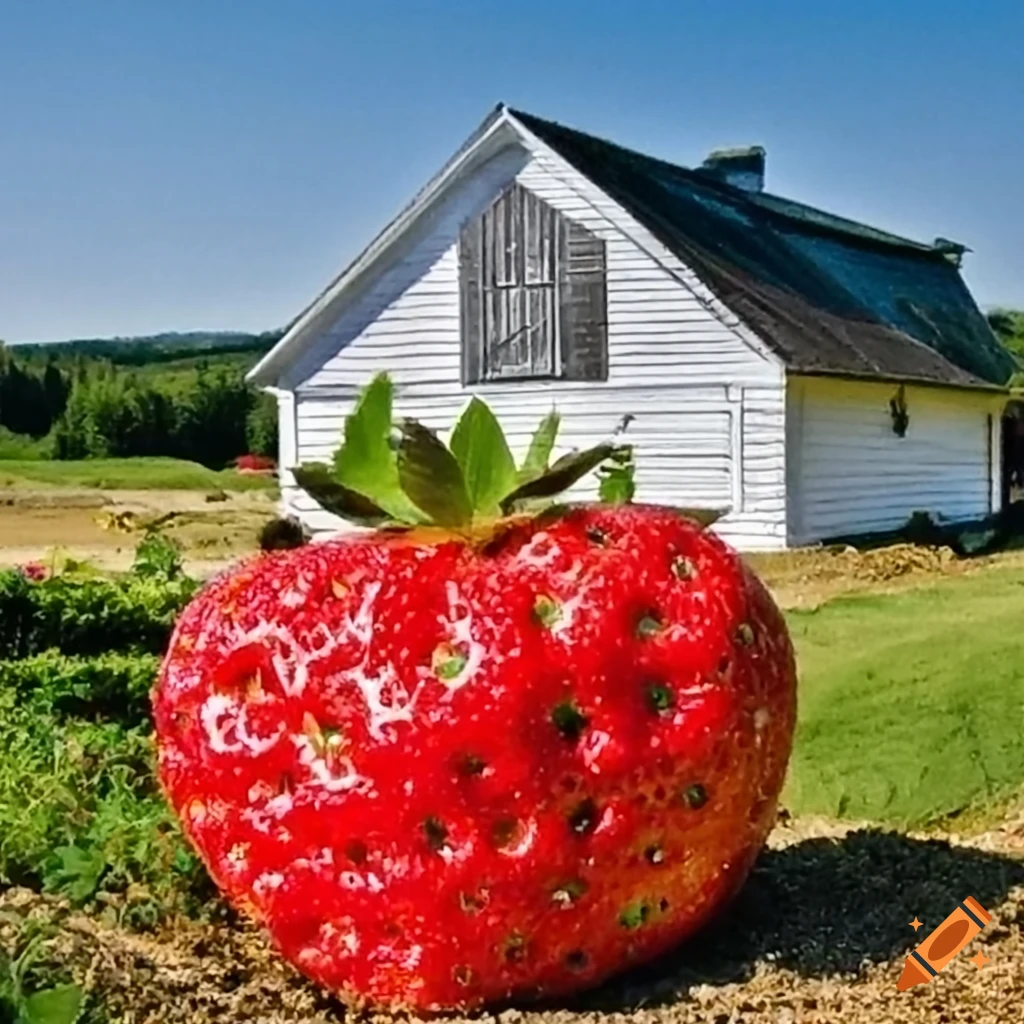Huge strawberry by a farm house in analog photography style
