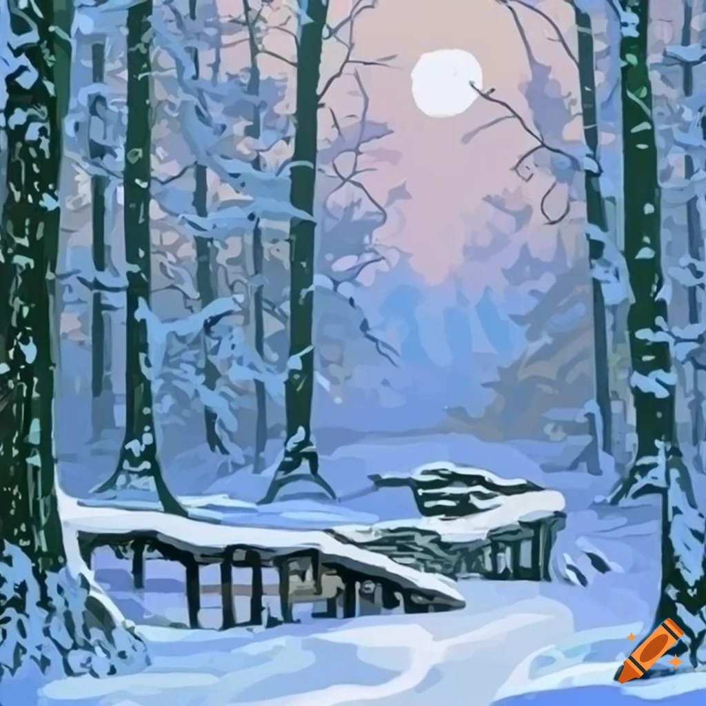 Snowy forest in vintage paint by numbers style on Craiyon