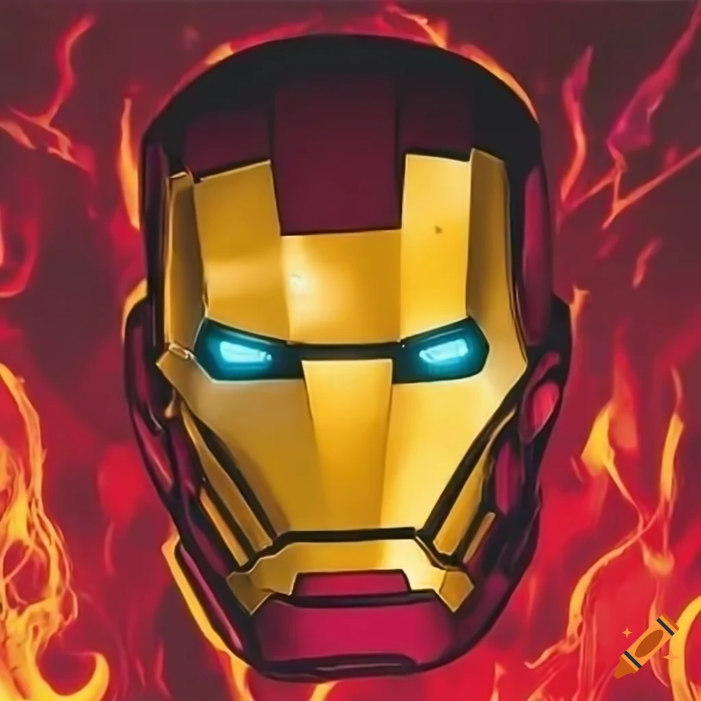 Icon of Iron Man's head with glowing red eyes and flames