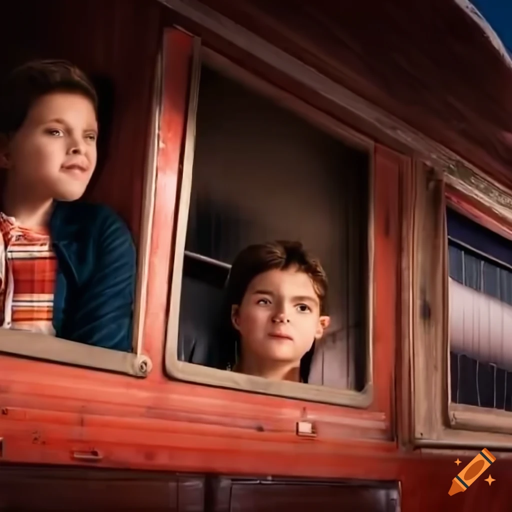 Photorealistic image of the Irimia twins standing in a caravan trailer doorway