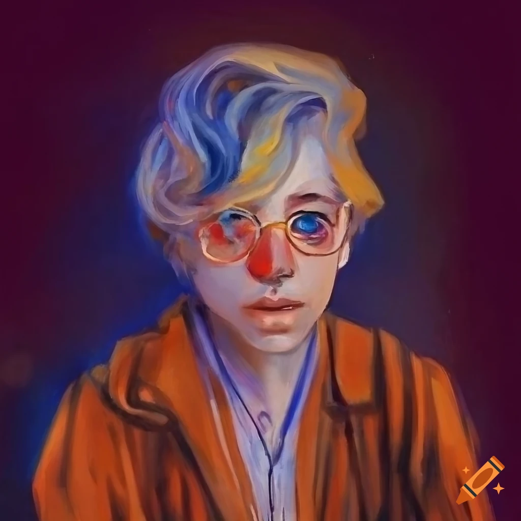 Sad ghostly young man in a colorful dreamlike town inspired by Stanisław Wyspiański