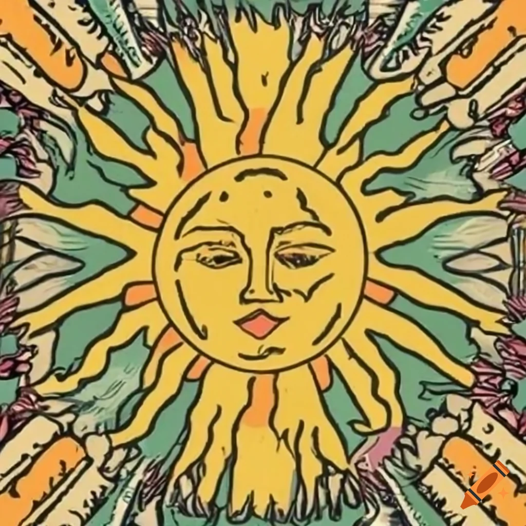 Sun tarot card with 60s hippie inspired graphic vintage poster painting