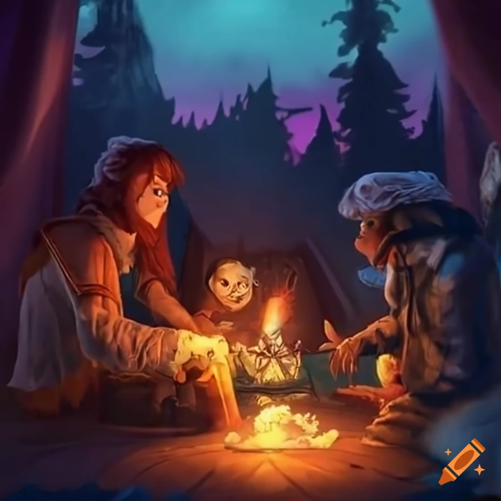 Cozy fantasy camp for adventurers at dusk