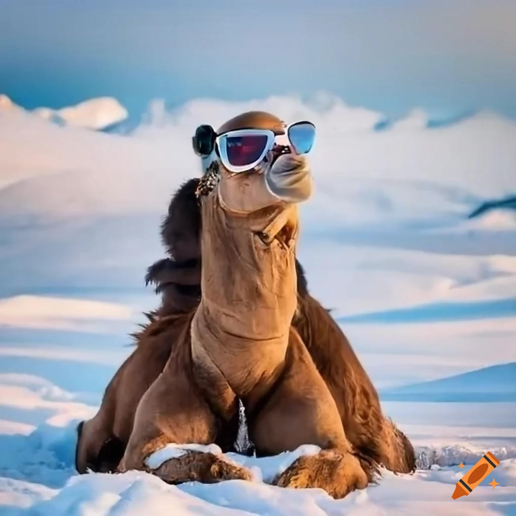 Sauna in winter with a camel wearing skiing sunglasses