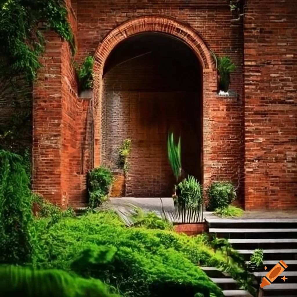 Luxurious Brazilian mansion with exposed brick walls and greenery