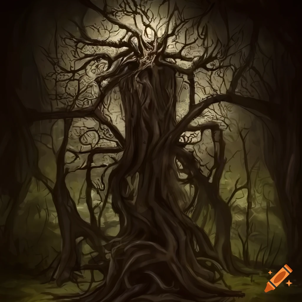 Twisted humanoid figure with crown of thorns in magical tree chamber
