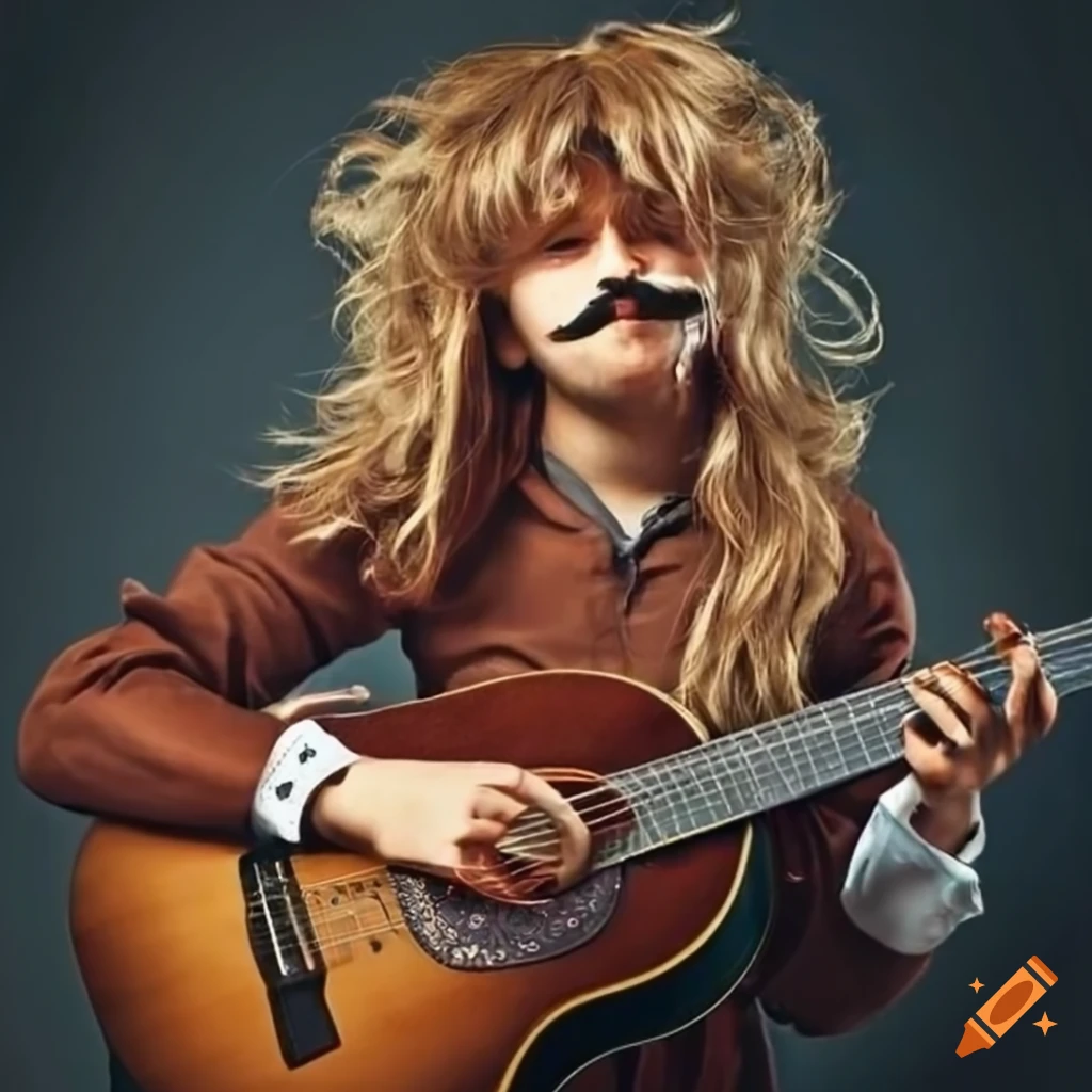 Eclectic musician in renaissance attire playing guitar with a handlebar