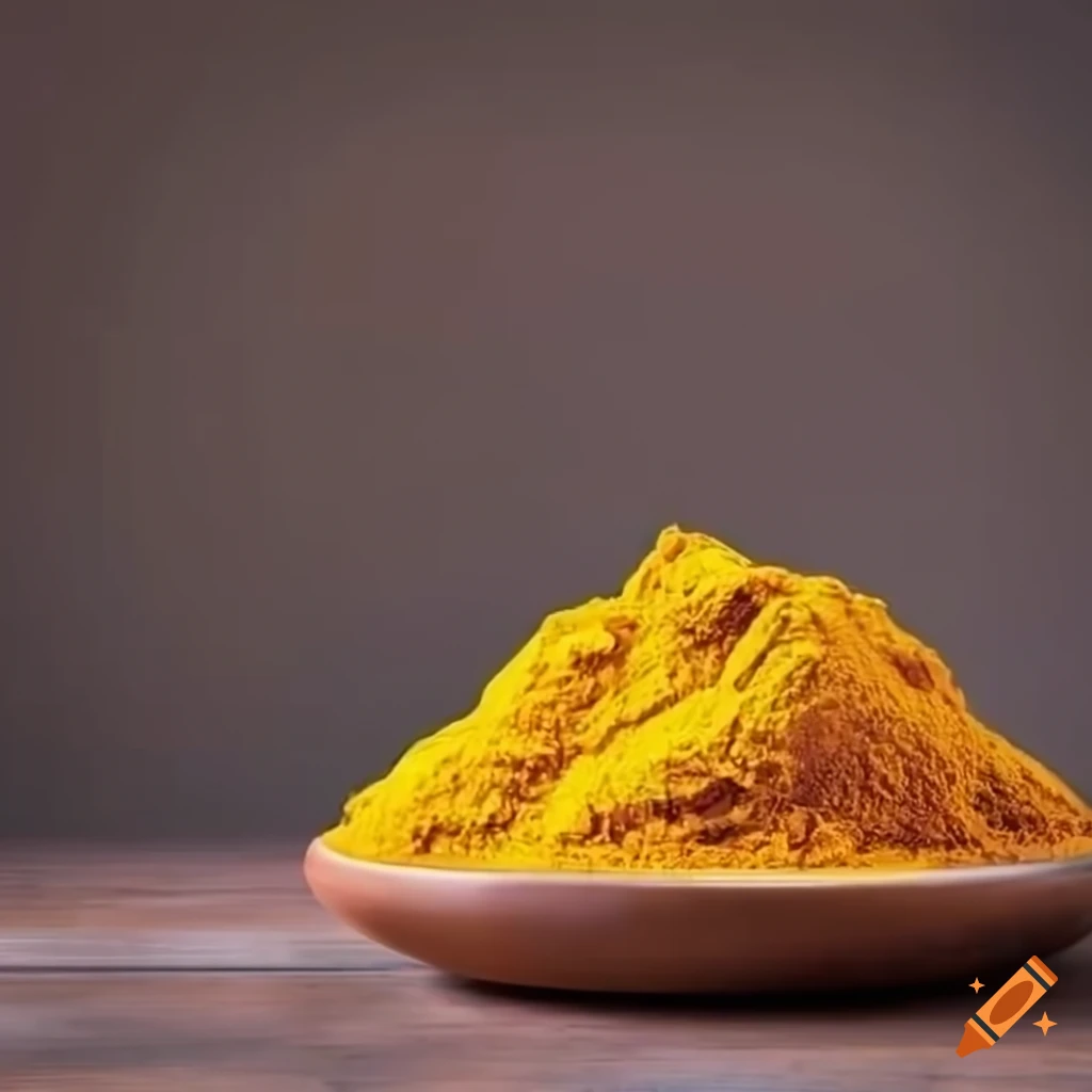 Vibrant yellow turmeric with a bowl of turmeric powder on a wooden table
