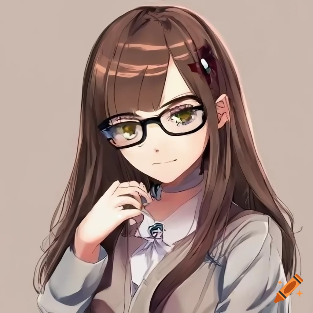 Anime girl with brown hair and eyes wearing glasses