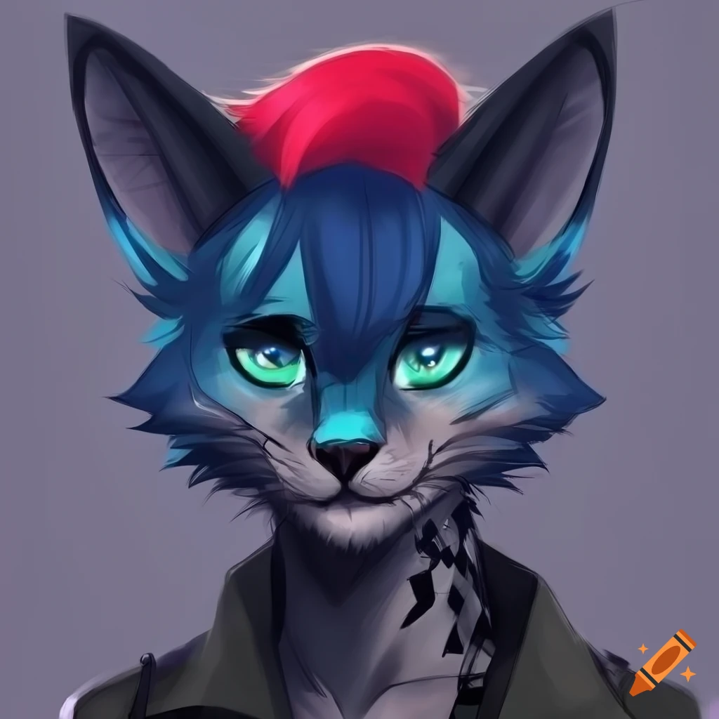 Happy and sweet semi-realistic male character with punk/goth style and blue jaguar features