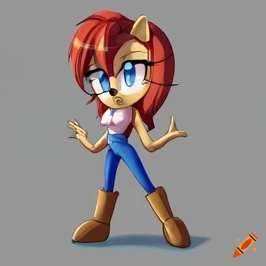 Sally Acorn with black pixie cut hair, pink shirt, and glasses, arms crossed