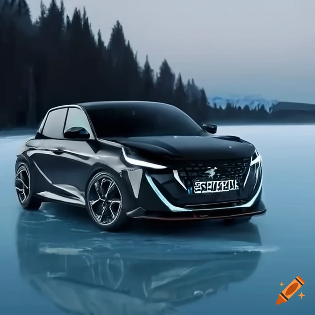 Realistic 2023 Peugeot 208 GT drifting on frozen lake