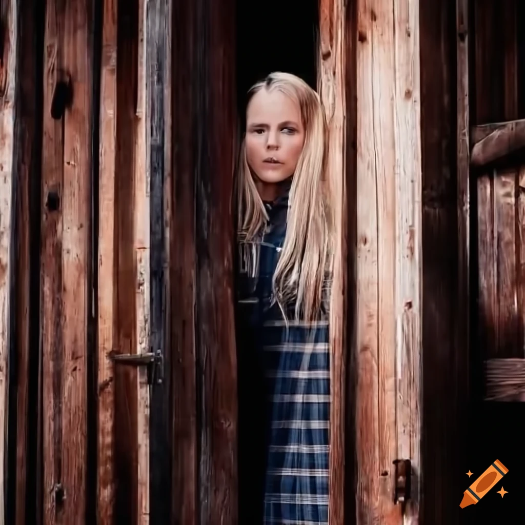 Irimia twins singers in country plaid shirts and leather trousers peeping through barn door