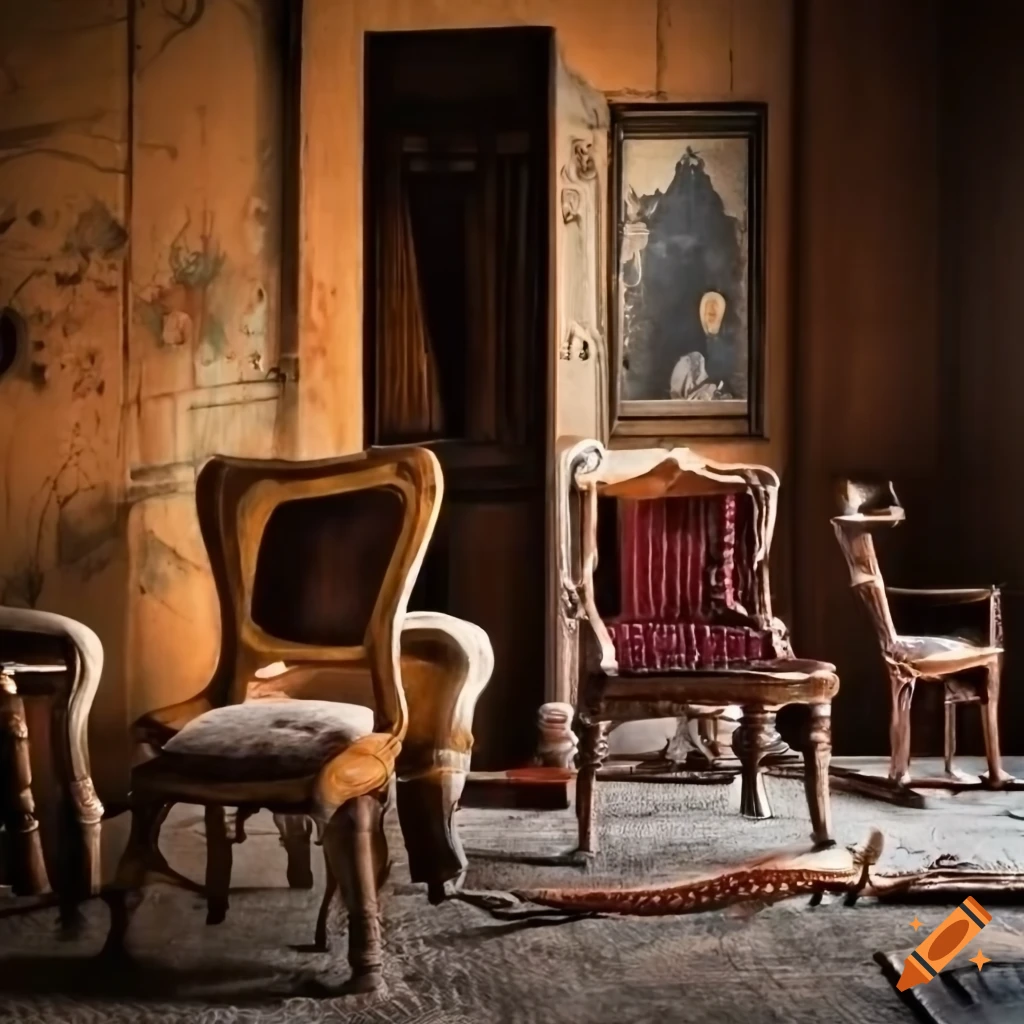 Old living room filled with stacked antique chairs on Craiyon