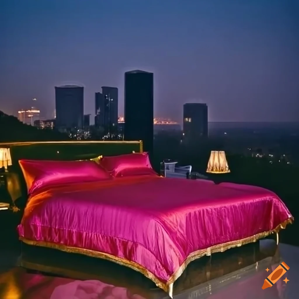 Luxury bed with red silk sheets on marble floor overlooking los angeles