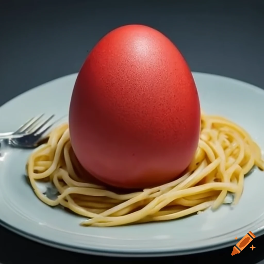 Crimson red egg on a plate of spaghetti and mushrooms