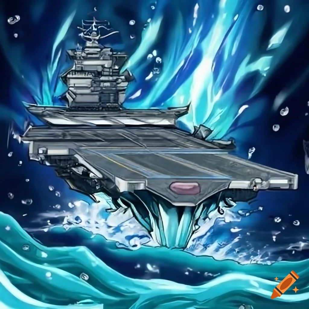 Aircraft carrier in open water with a Yugioh card style design