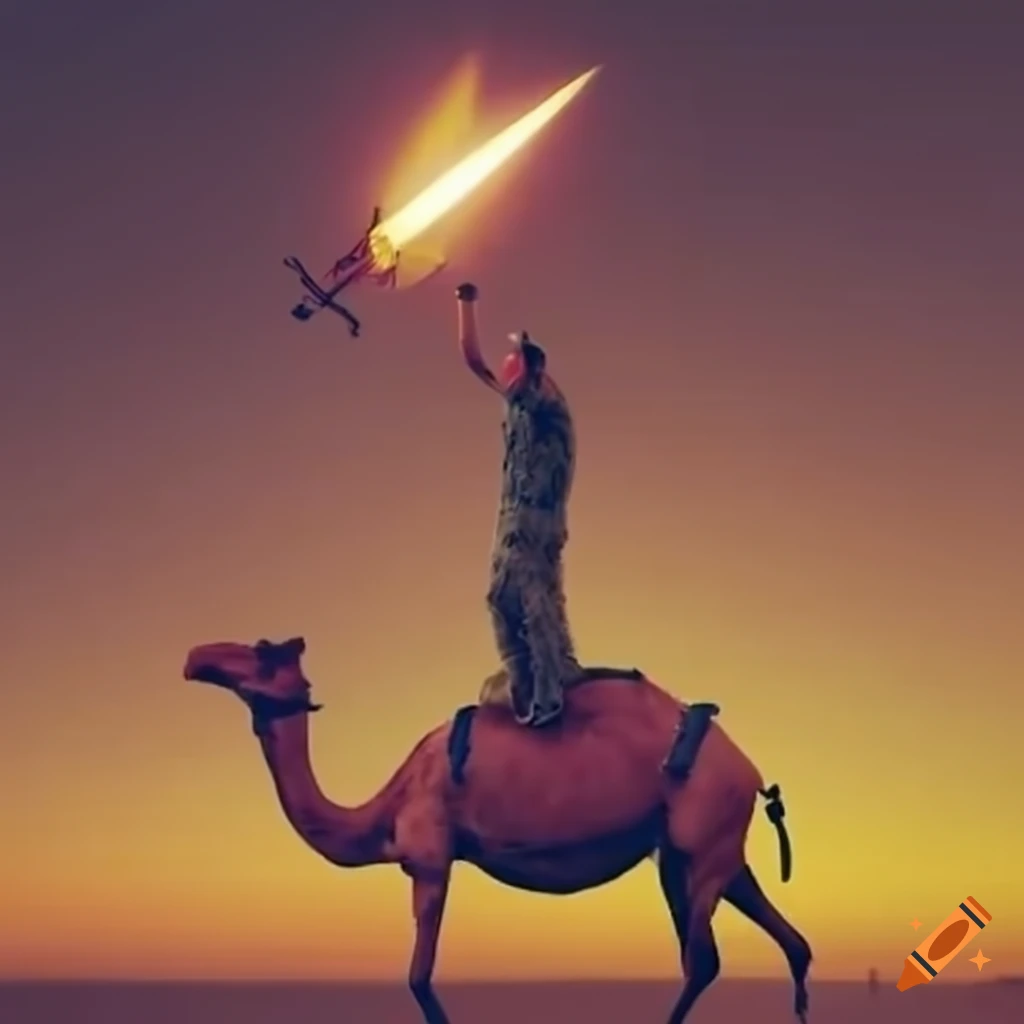 Arab man riding a camel holding a rocket
