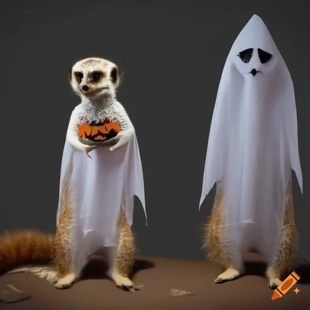 Meerkats in halloween ghost costume with eyeholes in a bedsheet on Craiyon