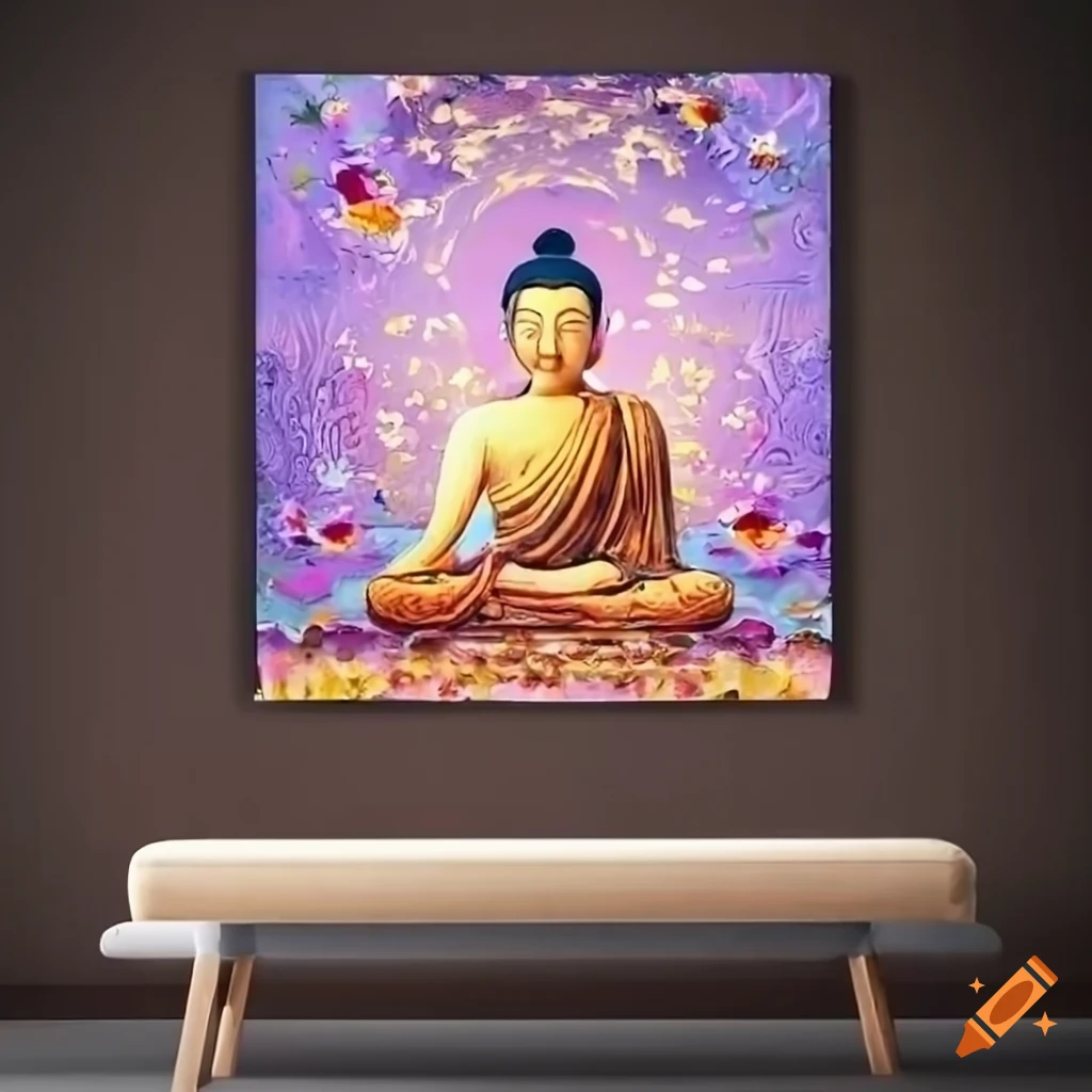 Painting of light purple lotus and Buddhism elements on a colorful background for a beige dining room